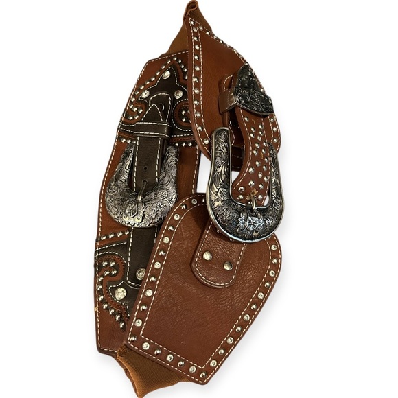 Montana West double buckle Brown Leather Belt with Silver Buckle - Picture 5 of 13